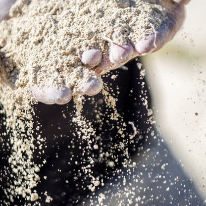 Hand holding the sand soli of Can Leandro Vineyard with a blurred background