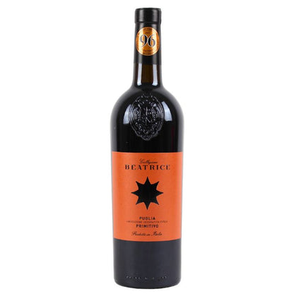 Pirovano Beatrice Primitvo Wine bottle with an orange label featuring a black star on a white background