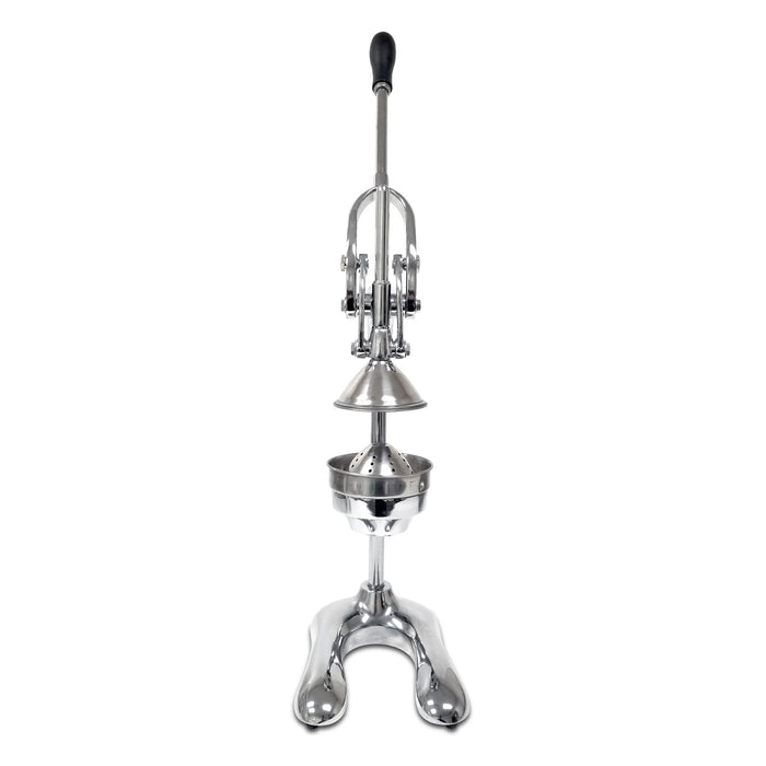 Front view of cast aluminum lemon squeezer with single handle plunger in the up position above the juicing strainer mound on a two-prong base.