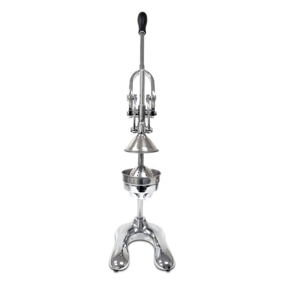 Front view of cast aluminum lemon squeezer with single handle plunger in the up position above the juicing strainer mound on a two-prong base.