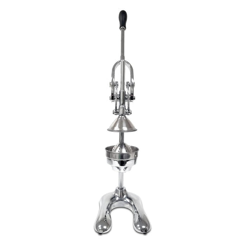 Front view of cast aluminum lemon squeezer with single handle plunger in the up position above the juicing strainer mound on a two-prong base.