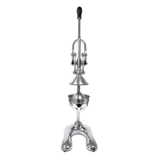 Front view of cast aluminum lemon squeezer with single handle plunger in the up position above the juicing strainer mound on a two-prong base.