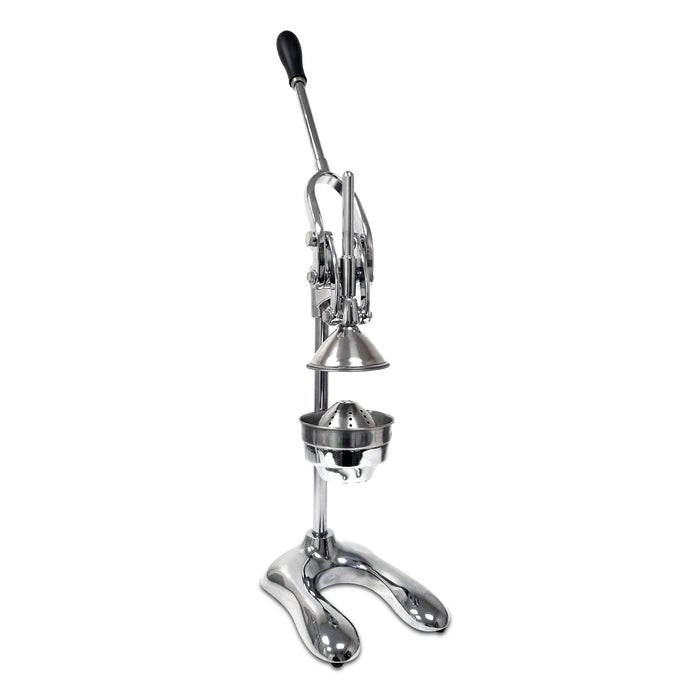 Angle view of cast aluminum lemon squeezer with single handle plunger in the open position above the juicing strainer mound on a two-prong base.