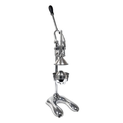 Angle view of cast aluminum lemon squeezer with single handle plunger in the open position above the juicing strainer mound on a two-prong base.