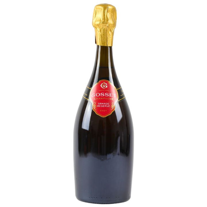 Bottle of Gosset champagne with a gold foil cap on a white background