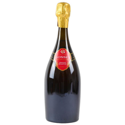 Bottle of Gosset champagne with a gold foil cap on a white background
