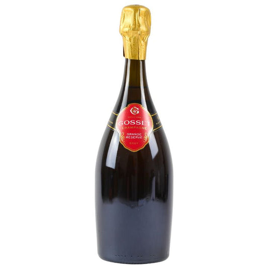 Bottle of Gosset champagne with a gold foil cap on a white background