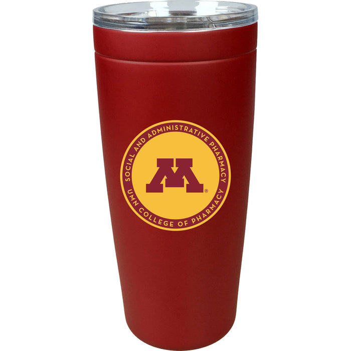 Maroon tumbler with a yellow gold logo on a white background