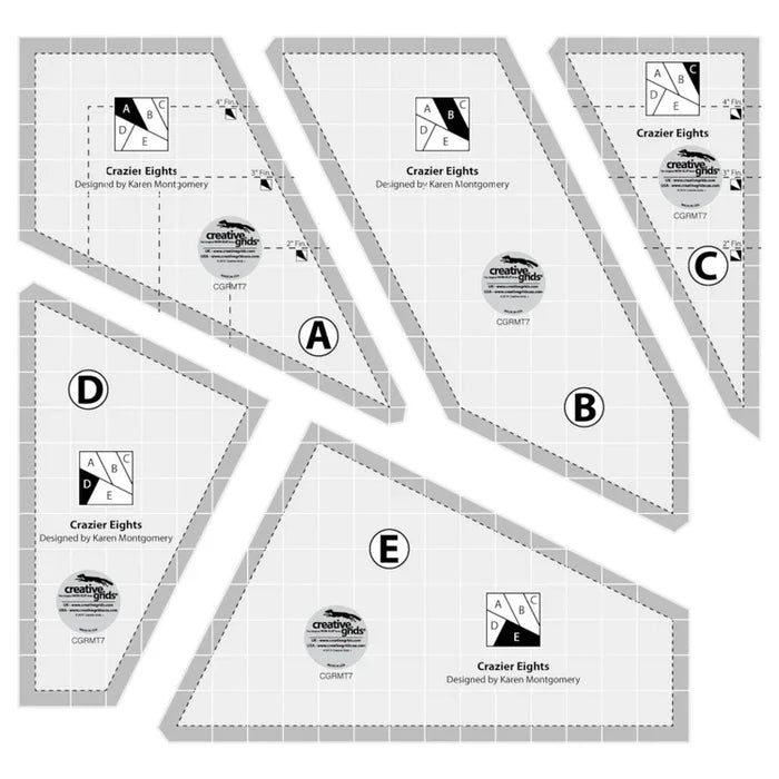 Creative Grids Non-Slip Crazier Eight 8" 5 pc Ruler Set with FREE Pattern