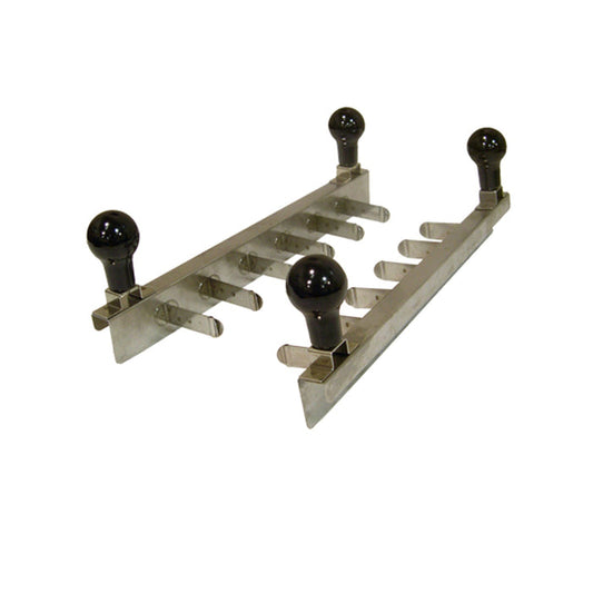 Two bar with skewer clips and two blank knob handles at each end to hold corn dogs inside fryer.