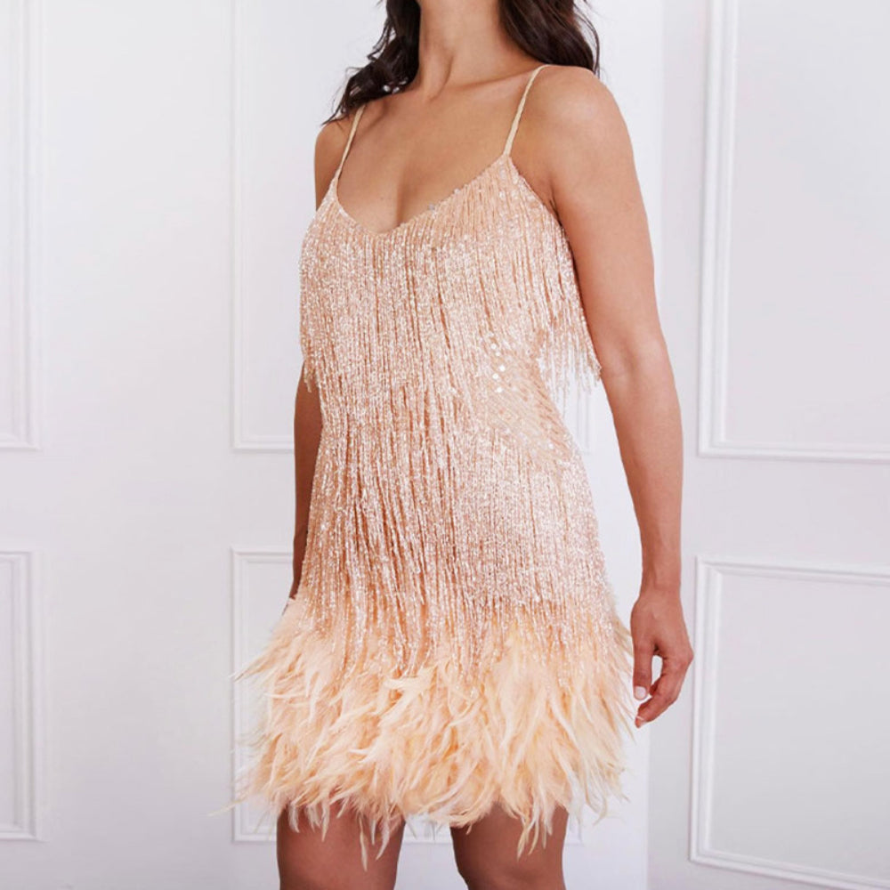 Corset Dress Sequined Dress Tassel Stitching Feather Sequins Dress Sexy V-neck Strap Dress