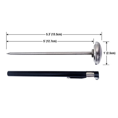 Temperature dial at the top of steel bar. Black case for thermometer sitting next to it. Measurements show the item is 5.3 inches long and the dial is 1 inch in diameter.