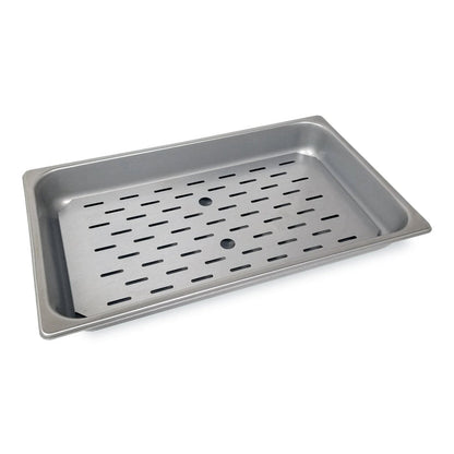Rectangle silver food warming pan with slotted tray inserted in pan.