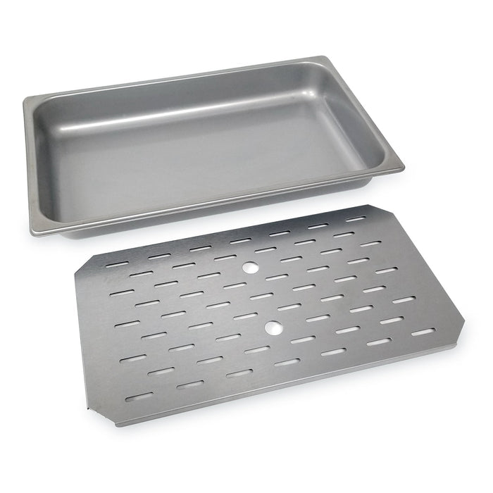 Rectangle silver food warming pan with slotted tray next to pan.