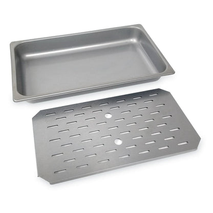 Rectangle silver food warming pan with slotted tray next to pan.