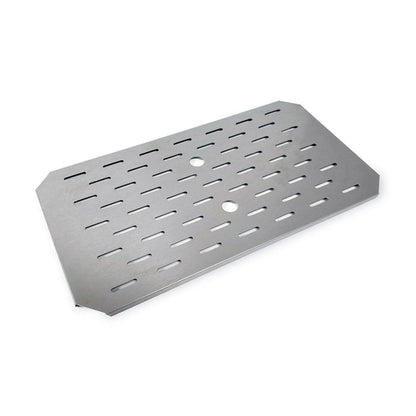 Rectangle silver slotted tray with two holes in the center.
