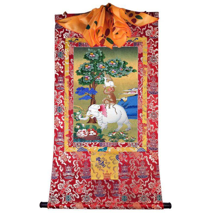 Four Harmonious Animals - Tibetan thangka painting, detailed view