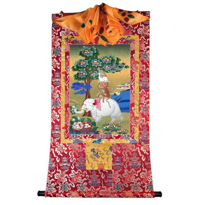 Four Harmonious Animals - Tibetan thangka painting, detailed view