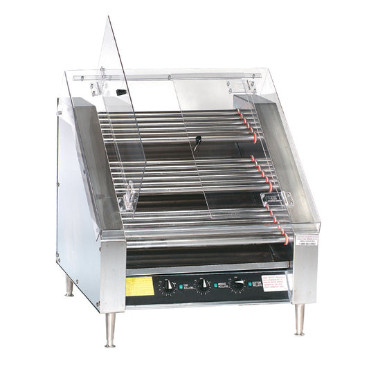 Hot dog roller grill with sneeze guard on it.