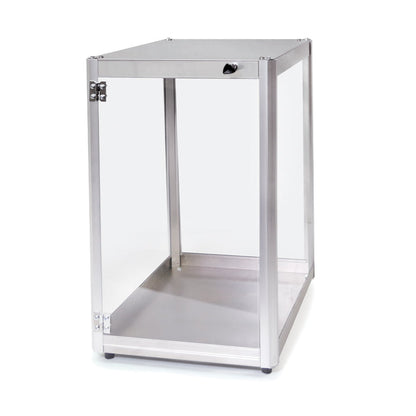 Stainless steel cabinet with acrylic plexiglass on all four sides, stainless steel corner posts, with small black door knob.