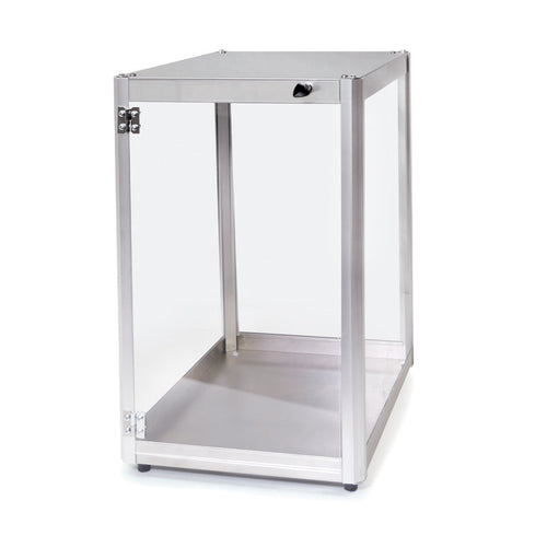 Stainless steel cabinet with acrylic plexiglass on all four sides, stainless steel corner posts, with small black door knob.