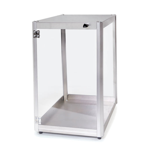 Stainless steel cabinet with acrylic plexiglass on all four sides, stainless steel corner posts, with small black door knob.