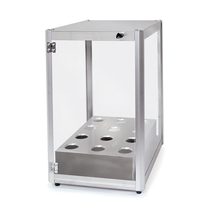 Stainless steel cabinet with acrylic plexiglass on all four sides, stainless steel corner posts, with small black door knob and ice cream cone holder.
