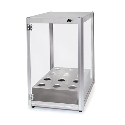 Stainless steel cabinet with acrylic plexiglass on all four sides, stainless steel corner posts, with small black door knob and ice cream cone holder.