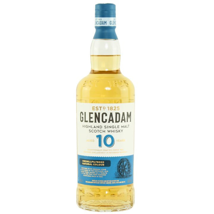 A bottle of Glencadam 10 Year Old Highland Single Malt Scotch Whisky, featuring a cream-colored label with blue and black text, and a blue neck seal, set against a plain white background.