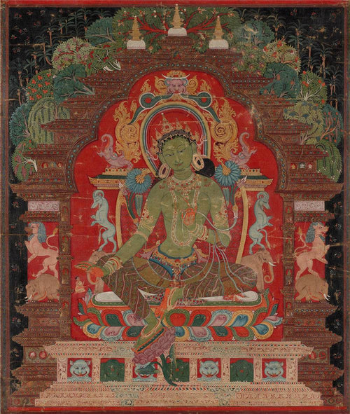 Green Tara - 13th Century - Tibetan thangka painting, front view