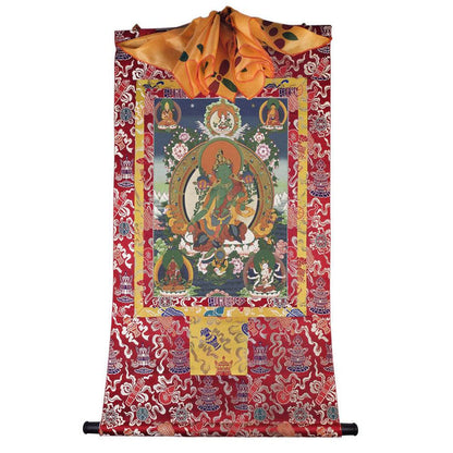 Green Tara - Tibetan thangka painting, detailed view