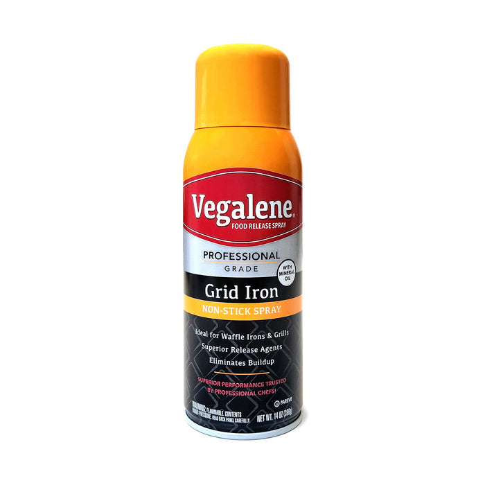 Yellow and black spray can with the text Vegalene Food Release Spray, Grid Iron Non-Stick Spray for waffle bakers.