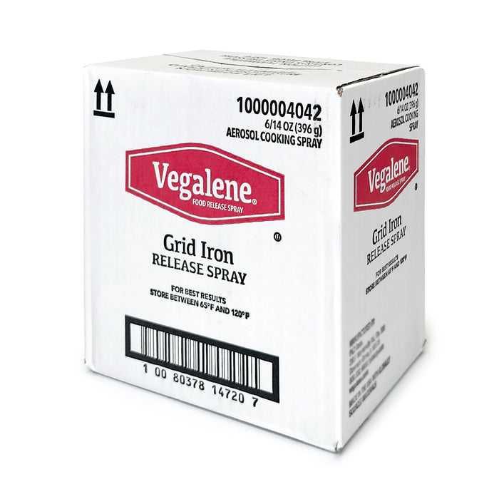 A white box with red and black text that states Vegalene Food Release Spray, Grid Iron Release Spray for Waffle Bakers.