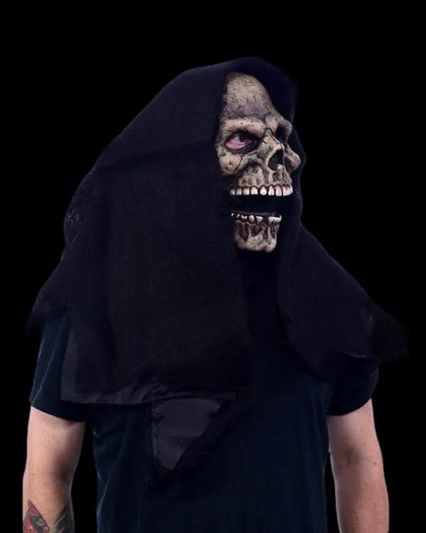 Grim Reaper Skull Halloween Mask front view with life-like skull face and latex-over-sock construction
