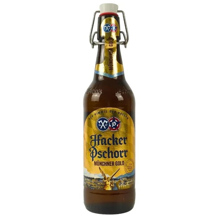 Bottle of Hacker Pschorr Münchner Gold beer with a yellow label on a white background