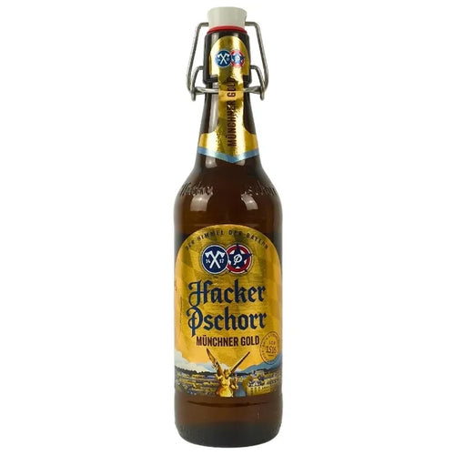 Bottle of Hacker Pschorr Münchner Gold beer with a yellow label on a white background