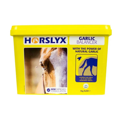 Yellow Horslyx Garlic Balancer packaging with a horse's face on a white background