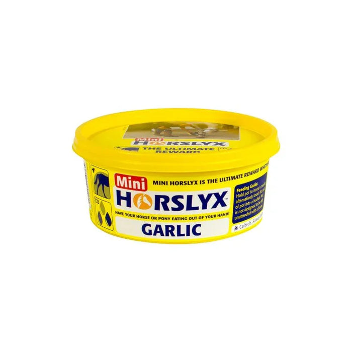 Yellow container of Mini Horslyx Garlic on a white background