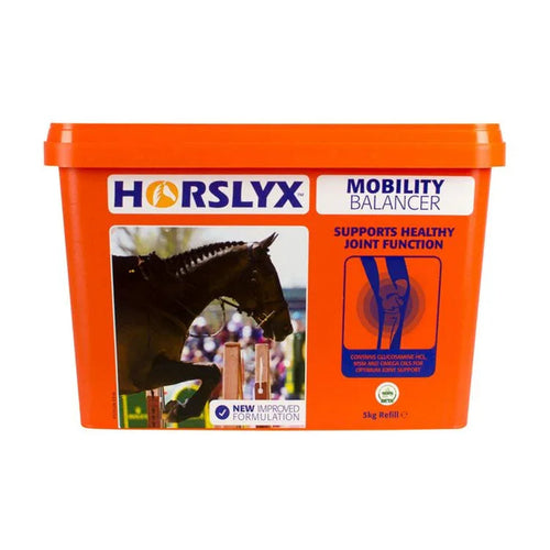 Orange Horslyx Mobility Balancer supplement container for horses on a white background