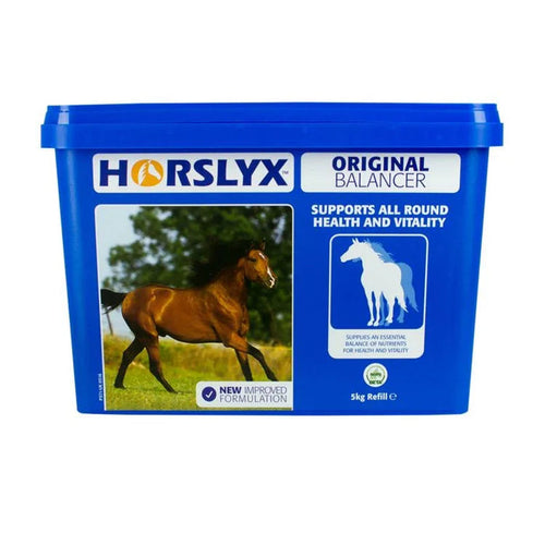 Blue Horslyx Original Balancer supplement container with a horse on a white background