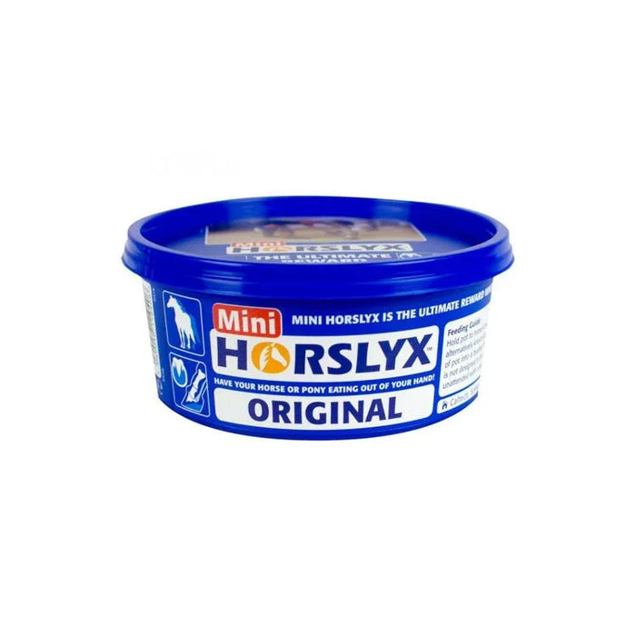 Blue container of Mini Horslyx Original on a white background
