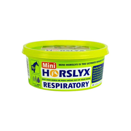 Horslyx respiratory product container with green lid and label on a white background