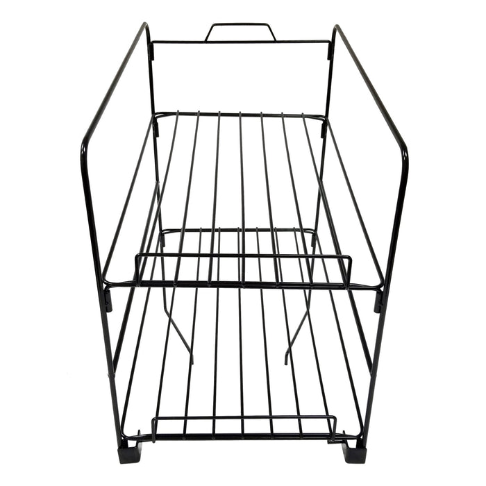 Front view of black chip wire rack with two shelves and affixes to the top of the nacho cheese cup warmer.