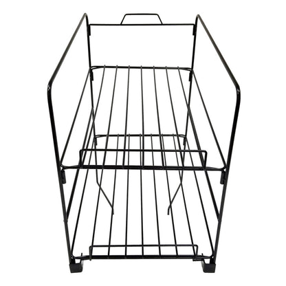 Front view of black chip wire rack with two shelves and affixes to the top of the nacho cheese cup warmer.