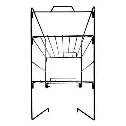 Back view of black chip wire rack with two shelves and affixes to the top of the nacho cheese cup warmer.