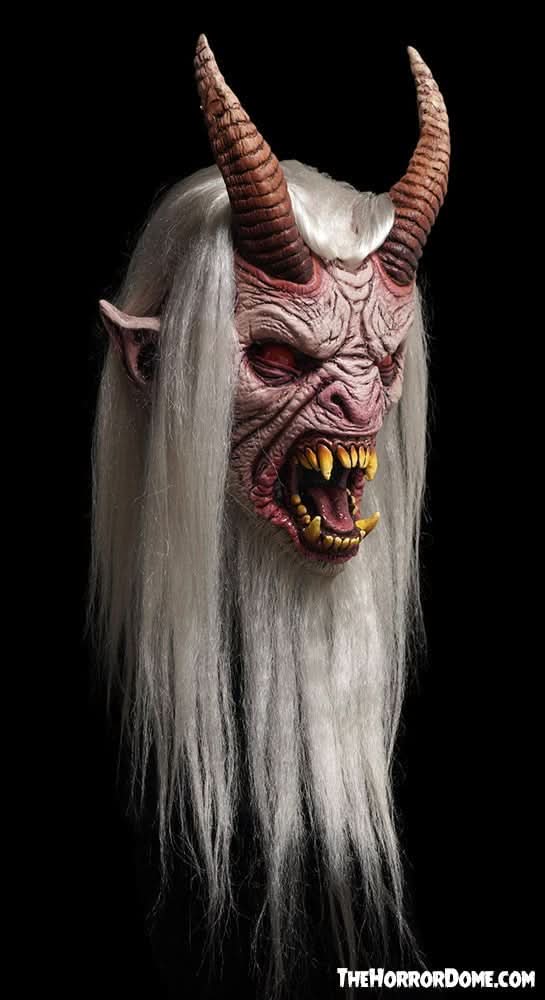 Krampus HD Studios Pro Halloween Mask front view with pale skin, realistic hair, and hand-painted horror detail