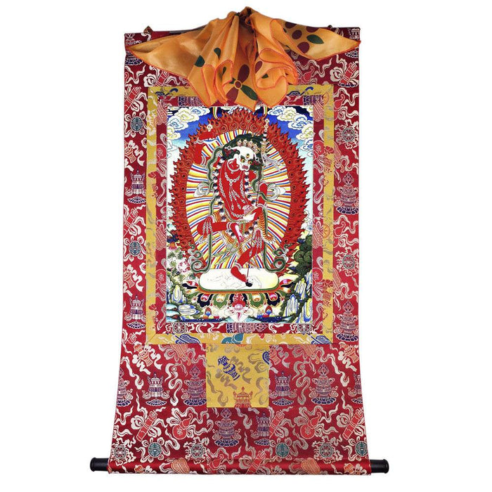 Lion-faced Dakini - Simhamukha - -Simhavaktra -Longsal Sengmar - Tibetan thangka painting, detailed view