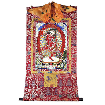 Lion-faced Dakini - Simhamukha - -Simhavaktra -Longsal Sengmar - Tibetan thangka painting, detailed view