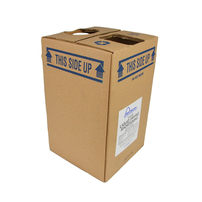Brown box with white and blue label stating liquid frying shortening.