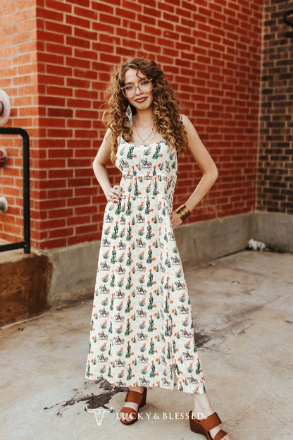 Lucky & blessed Cream Cactus & Cowboy Print Midi Dress